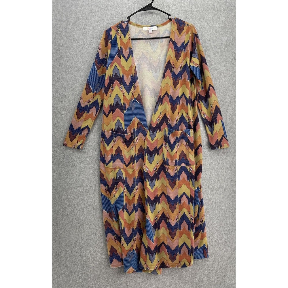 Lularoe Women's Long Open Front Cardigan Front Pockets Size Small Chevron